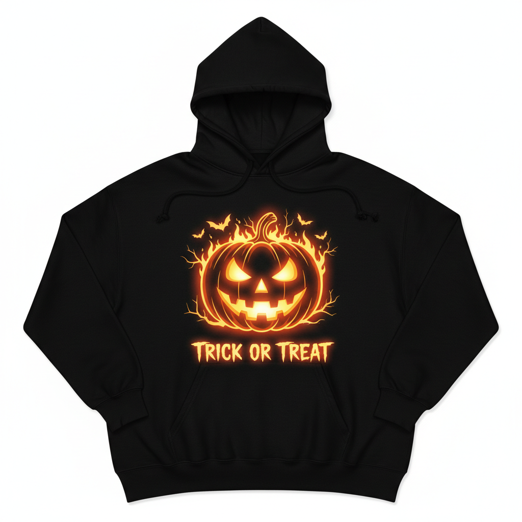 Black oversized Halloween Jack-O-Lantern Hoodie with glowing orange pumpkin graphic