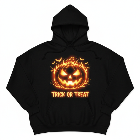 Black oversized Halloween Jack-O-Lantern Hoodie with glowing orange pumpkin graphic