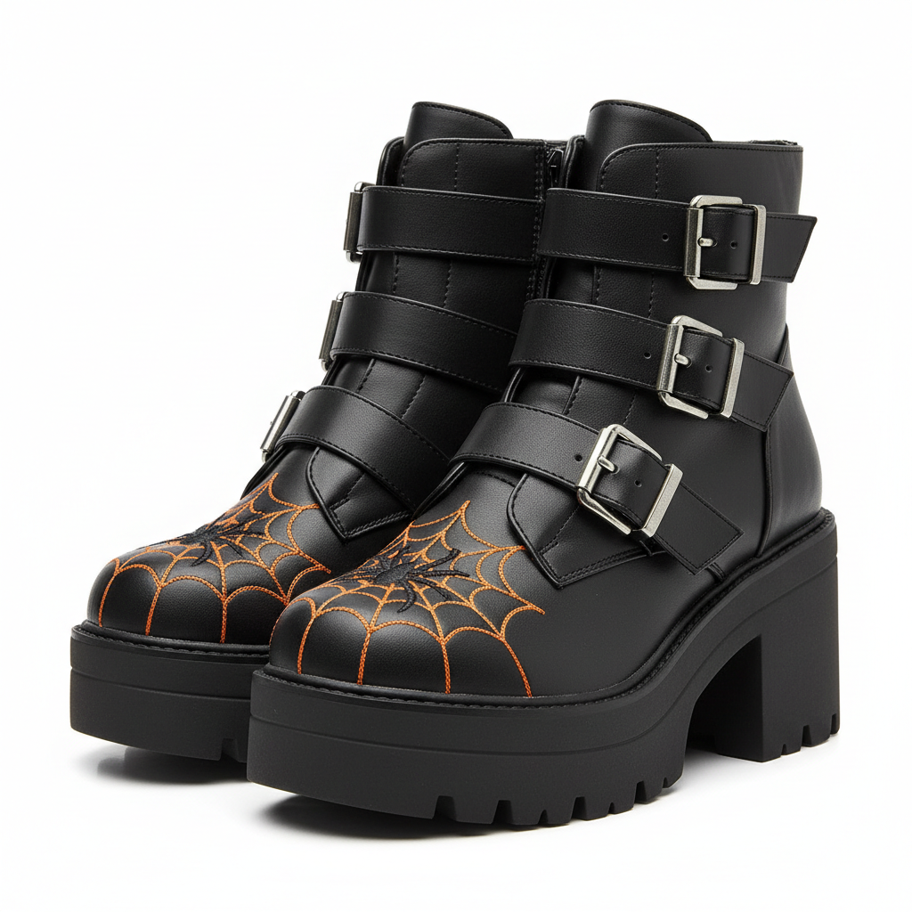 Black platform boots with orange spider web embroidery and silver buckle details